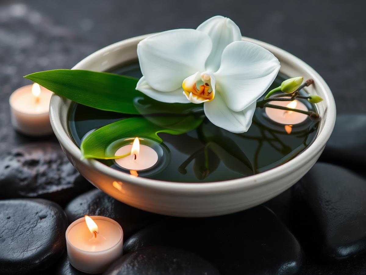 White orchid and floating candles in a calming water bowl