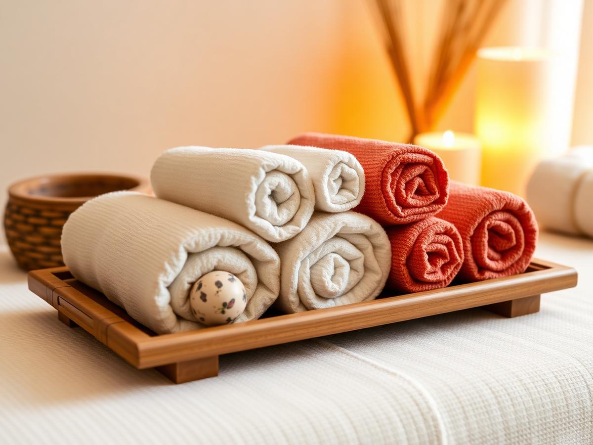 Rolled towels and herbal compress balls on a bamboo tray