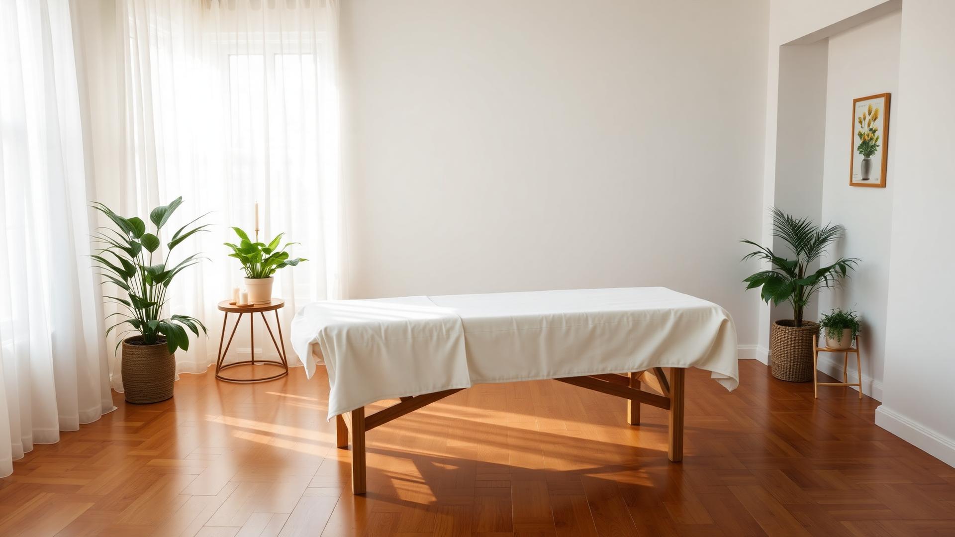 Massage table with fresh linen prepared inside a client home
